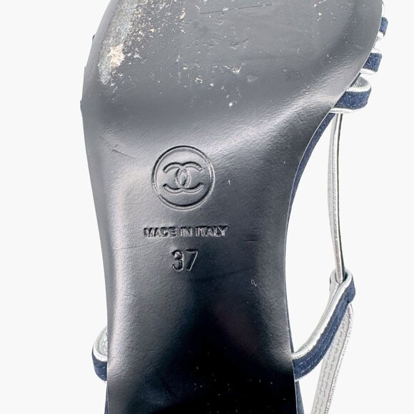 Chanel CC Strappy Slingback Sandals Block Heel Navy Blue Silver Size 37 US 6-6.5 - Picture 14 of 15